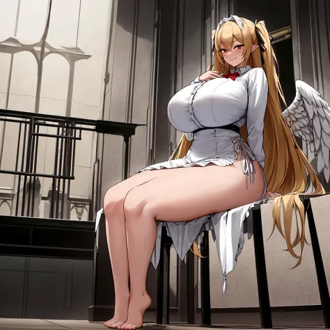 {full body},wariza,sitting,looking down,from below,{upskirt},dynamic angle, dynamic cut,naughty smile,macrophilia,{white wings},{angel},{{very muscular}},{{very muscle}},{very curvy},{very big woman},{very gigantic woman},{very strong woman},{very tall wom...