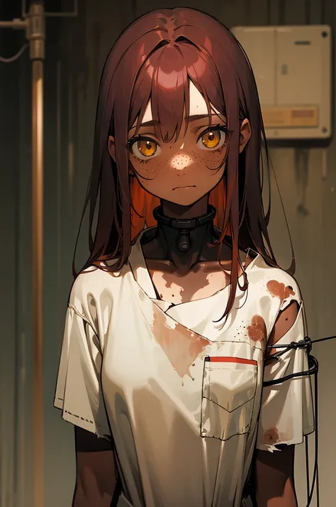 Cute face, girl, 10 years old, yellow eyes, tan skin, freckles messy long dark red hair, old, torn, hospital gown, emotionless expression, midnight, dark room, abandoned laboratory, body connected to countless wires, gazing at the camera, upper body