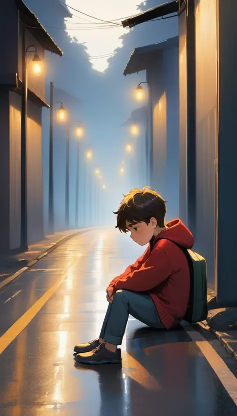 a young boy sad and seat alone in road said