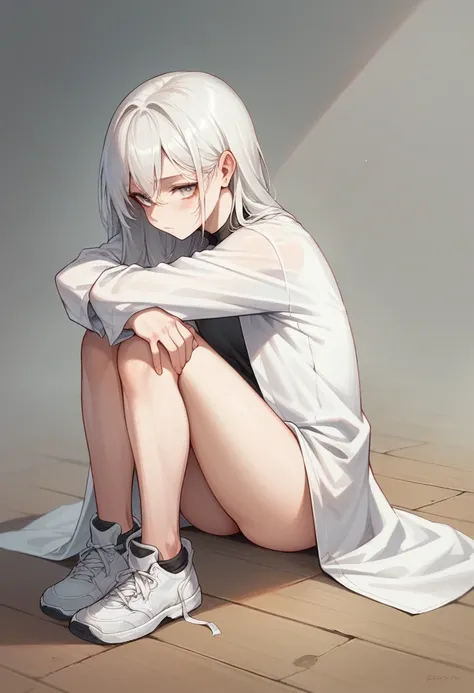 White-haired girl，Sit on the floor，Legs arched，Head on knees