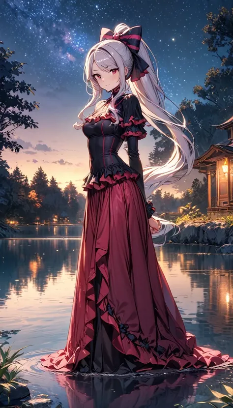 shalltear bloodfallen, shalltearcostume, ponytail, outdoors, (night, starry sky:1.2), masterpiece, arms behind back, best qualit...