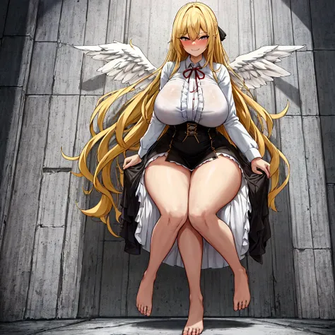 {full body},wariza,sitting,looking down,from below,{upskirt},dynamic angle, dynamic cut,naughty smile,macrophilia,{white wings},{angel},{{very muscular}},{{very muscle}},{very curvy},{very big woman},{very gigantic woman},{very strong woman},{very tall wom...