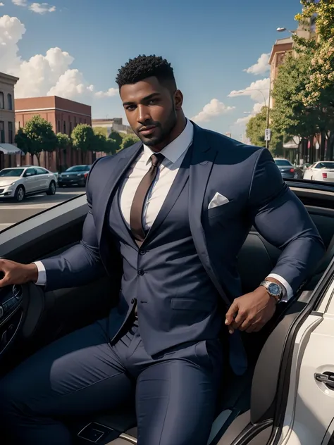 8k，8K resolution，2 Muscular Europeans, handsome man，charming eyes，dark skin,beautiful, smooth and shiny，Full muscles，Thick body hair， (wearing a stylish suit)，big bag，emphasize，Driving a luxury convertible，The car is full of roses，Two men smiling happily，p...