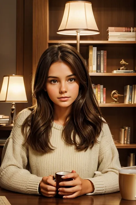 Illustration for a book and magazines, a girl with brown hair, on her face carefully reading a book, a cup of hot tea on the table next to her, a bookcase in the background, a lamp shining on the room