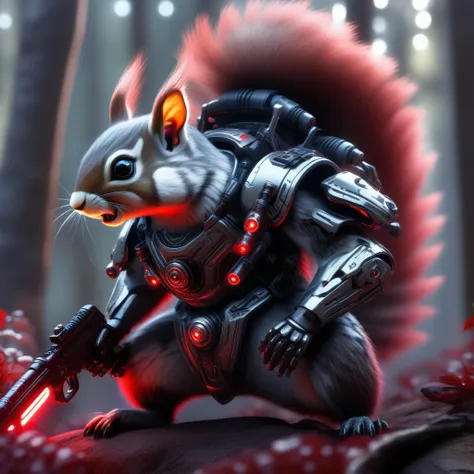 ((Masterpiece)), ((Best Quality)), (Very Detailed), ((Very Detailed)), 4K, (8K), very aesthetic, absurdres highres, Create a depiction of futuristic robotic squirrels carrying rifles and fighting in the wilderness. The squirrel has a design that combines o...