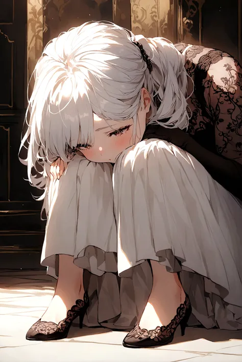 White-haired girl，Sit on the floor，Legs arched，Head on knees