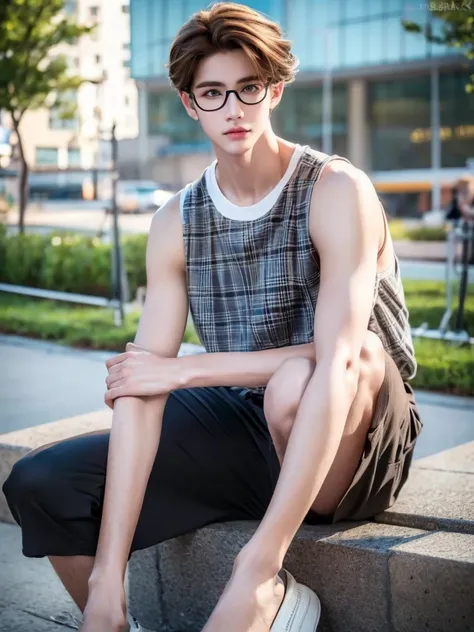 1 teenage boy, detailed eyes, curly brown hair, pale smooth skin, sitting outdoors, black skinny jeans, plaid shirt outerwear, t...