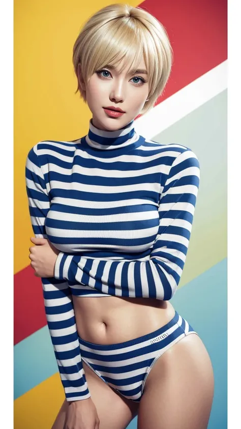 blond woman with short hair and a striped turtle neck shirt with a sexy and hot underwear, picture: Alan Linder, flickr, pop art, hair, 60&#39;s style, 60&#39;s style, Brigitte Bardot, 1960&#39;s style, 60s retro fashion, poppy, cut, medium yellow blond ha...