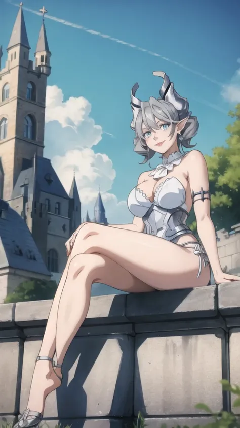  Outside castle top  High level image quality　best image quality　8K　 adult woman   silver castle outside  more colors   whole body view　portrait　 bikini   　horn    ears  　short hair（（shortcut）（gray hair）（perm）（fluffy））　eye color is blue ,  , 　attractive ev...