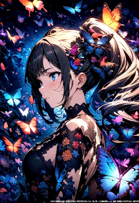 (masterpiece, Top quality, best quality, Official Art, beautiful and aesthetic:1.2), (1 Girl), twintails, Extremely detailed,(Fractal Art:1.3),rich and colorful,The most detailed,Upper Body, [Lace],[Jewelry],[flower],[[Butterfly]],