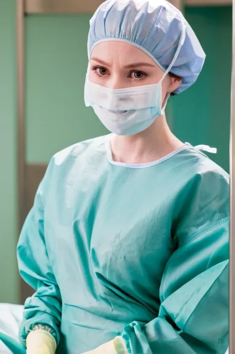 score_9,  score_8_up, score_7_up, pale skin, his face showed signs of embarrassment,  scrubs, surgical mask, surgical cap, long sleeve surgical gown, cover your ears,
1girl, big breasts, solo, rubber gloves, hospital bed, standing