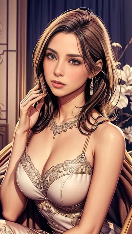 (Best quality,A high resolution,Masterpiece:1.2),Ultra-detailed,Realistic:1.37,Traditional portrait style,Detailed face and eyes,Beautiful lips,fine brushwork,soft, Flowing hair,Delicate flowers in the background,Subtle color palette,Soft lighting,A seamle...