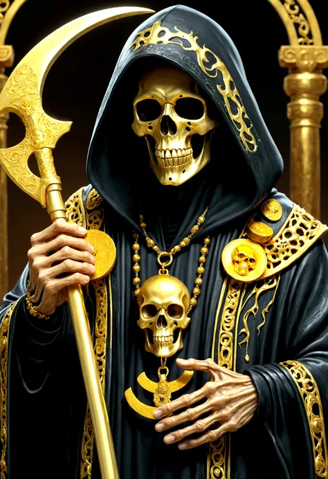 Grim Reaper character with skull face, black hooded robe, liquid gold details all over his face, jade stone inlays on his accessories, gold ingots and coins behind him, scythe in his skeletal hands, hyper-realistic, artistic