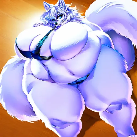 Arctic wolf, female, long white messy hair, enormous breasts, enormous thighs,huge hips,blue eyes,bikini, black claws, gorgeous, beautiful, eyelashes, voluptuous, plump,big fluffy tail, fluffy body, fluffy forearms 