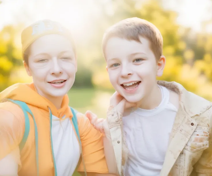 Mom and son in a beautiful sunny park, happiness, high quality,  COLORED CLOTHING, photographic photographicity