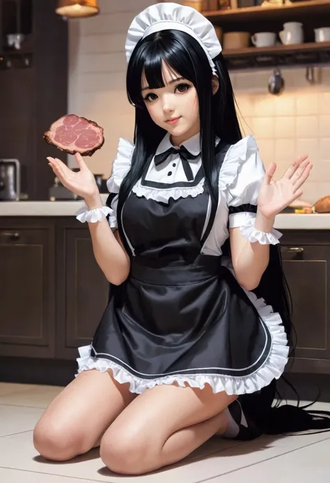 Long black hair , Wearing a maid outfit, Kneel, Feet and five fingers, More meat, Cute 2D, background backlightHD  