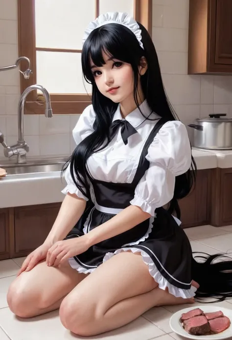 Long black hair , Wearing a maid outfit, Kneel, Feet and five fingers, More meat, Cute 2D, background backlightHD  