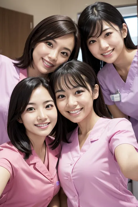 Dental hygienist, only two women　Side by side, smiling, wearing pink medical scrubs　 Pink short sleeves, cute, Japanese, black hair, early 20s female　Upper body close-up　high resolution　Highest quality　　Don&#39;t press your face too much