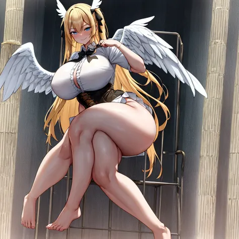 {full body},wariza,sitting,looking down,from below,{upskirt},dynamic angle, dynamic cut,naughty smile,macrophilia,{white wings},{angel},{{very muscular}},{{very muscle}},{very curvy},{very big woman},{very gigantic woman},{very strong woman},{very tall wom...