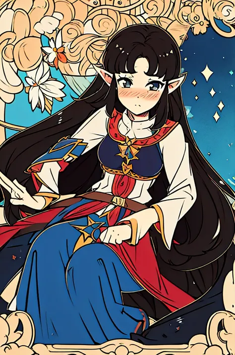 Fairy with pointed ears and semi-long, wavy black hair, who appears to be 26 years old with a rather mature appearance and the medieval clothing of an adventurer who is sitting, very embarrassed and blushing 