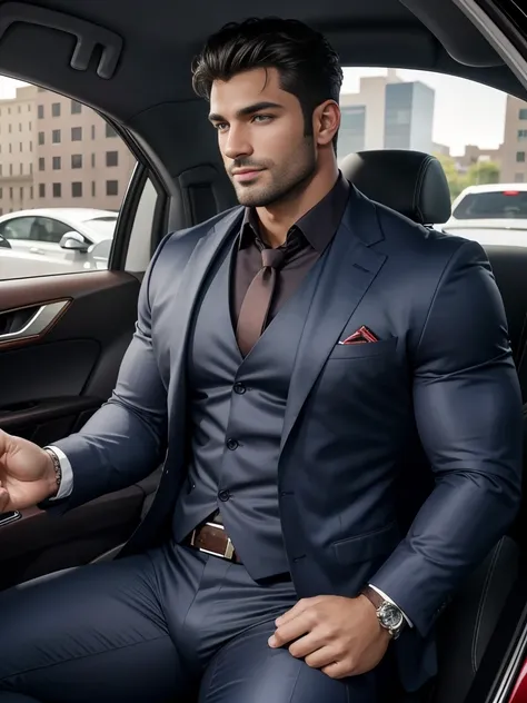 8k，8K resolution，2 Muscular Europeans, handsome man，charming eyes，dark skin,beautiful, smooth and shiny，Full muscles，Thick body hair， (wearing a stylish suit)，big bag，emphasize，Driving a luxury convertible，The car is full of roses，Two men smiling happily，p...