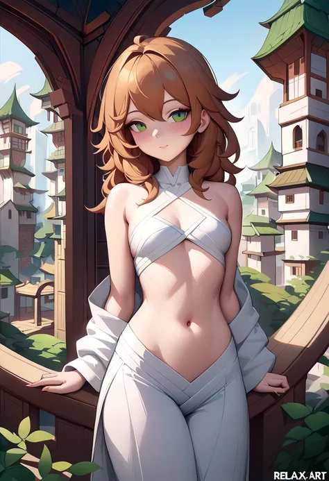 (high quality, ArtStation, Relax Art, fantasy style, abstract architecture:1.2), (A beautiful cute girl), (long messy ginger hair), (white kimono, navel, bare shoulders)