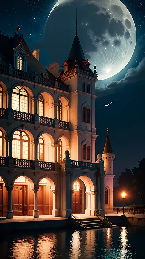 Sextant, Humanity, moon, Sky, night, full moon, cloud, station,train, outdoor, landscape, night Sky, water, cloud，Sky, architecture, Sky Palace Castle