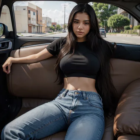 A photorealistic portrait of a 20-year-old Latina woman with a long, straight, wavy, black hair and brown eyes. She is in a car. She is wearing a blue jean with a black crop top. She have big breast. She is in a seductive position. Capture this image with ...