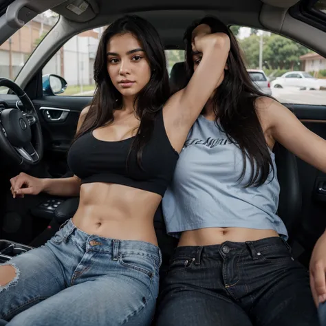 A photorealistic portrait of a 20-year-old Latina woman with a long, straight, wavy, black hair and brown eyes. She is in a car. She is wearing a blue jean with a black crop top. She have big breast. She is in a seductive position. Capture this image with ...