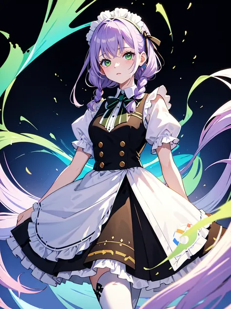 watercolor画, Dressed in maid uniform 　Mature face,tall, Wearing black tights,Green Eyes,Updo, Braided Hair, The skin is hidden　and （Gradient hair, (Ink blotches:1.1), (pale:1.2),(Light purple:1.2),(Green/Black:1.2)）　and 1 female, Nervous,Cowboy Shot, sketc...