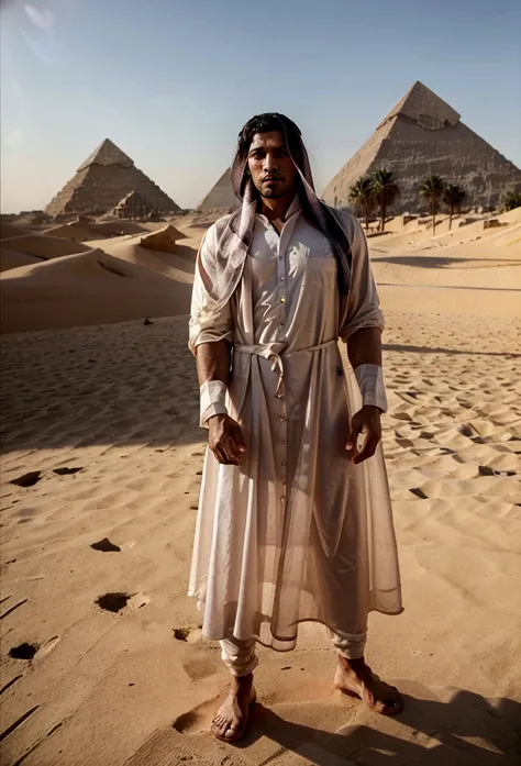 muscular man, wearing a thobe, fullbody, posing ,at the pyramids , cinematic,