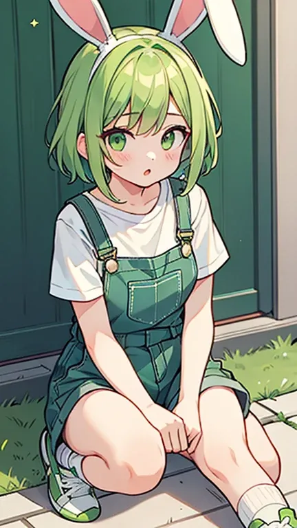 one girl,green short hair,green eyes,green bunny ears,white short sleeve tee,green overalls shorts,white socks,green sneakers