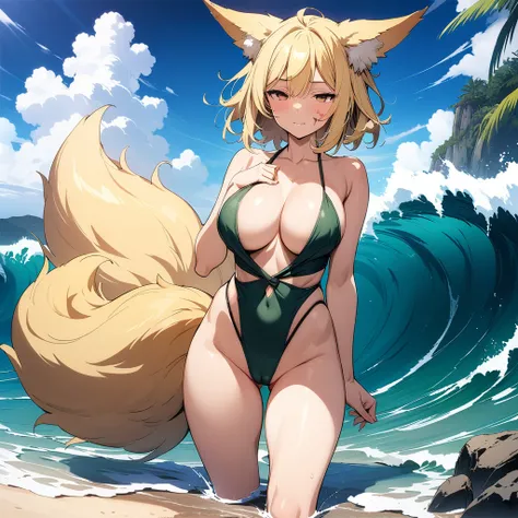 (masterpiece,best quality,very aesthetic,ultra-detailed),(illustration,official art),nsfw,solo,BREAK,1girl,30yo,curvy,large breasts,tall,stout build,bewitching,(blonde fox ears),(a fox tail),(blonde hair,short hair,messy hair),disheveled hair,(brown foxy e...