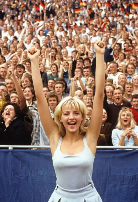 a blonde young woman, A wide shot, with a cheering crowd in the background, german public viewing