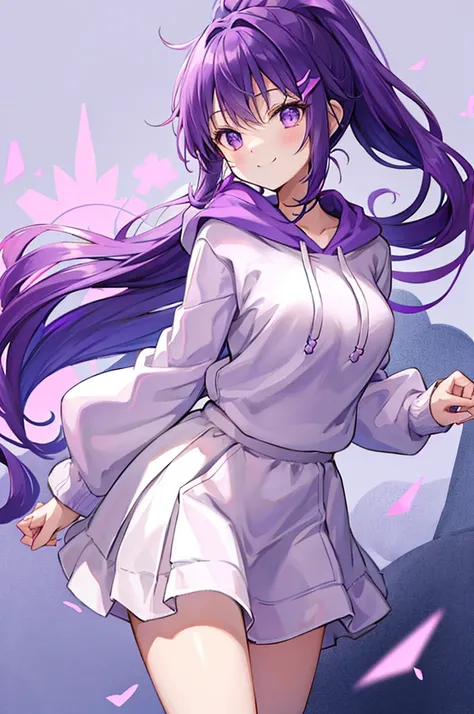 Purple Hair、High ponytail、cute、smile、Shaggy hoodie、White Skirt
