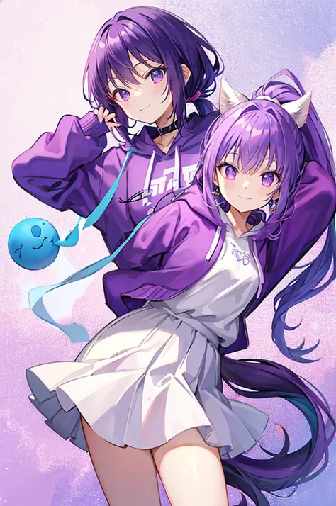 Purple Hair、High ponytail、cute、smile、Shaggy hoodie、White Skirt
