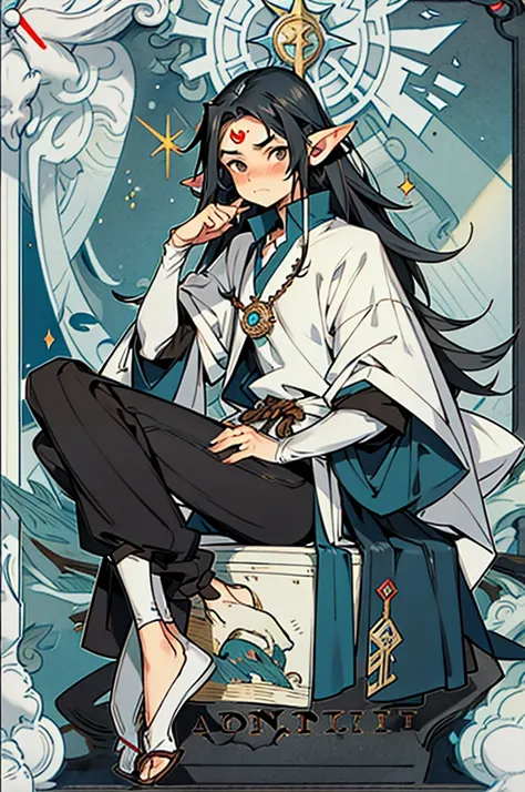 Fairy with pointed ears and semi-long, wavy black hair, who appears to be 26 years old with a fairly mature appearance and in medieval clothing of an adventurer who is sitting and is very embarrassed, surprised and blushing 