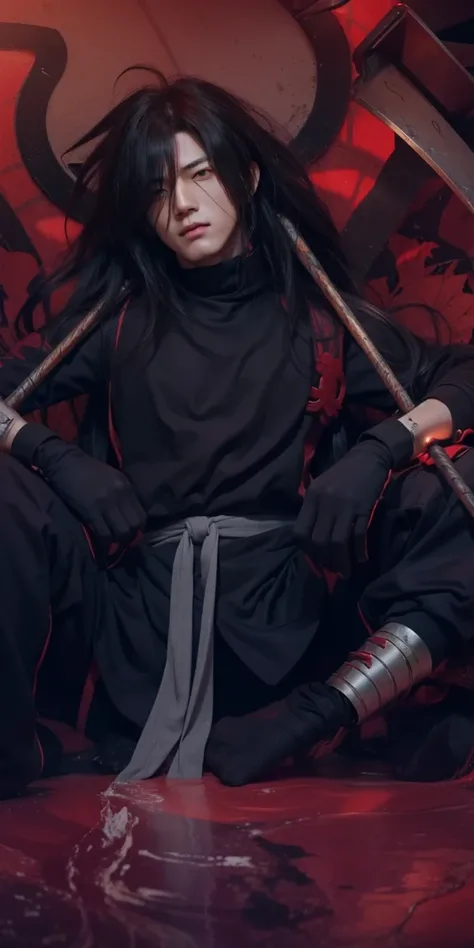 Real life adaption of this character,his name is Madara uchiha from anime Naruto,Korean adult handsome face,realistic long messy hair,realistic outfit with red iron armor like samurai,realistic light,realistic shadow,realistic background,(photorealistic:1....