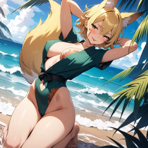 (masterpiece,best quality,very aesthetic,ultra-detailed),(illustration,official art),nsfw,solo,BREAK,1girl,30yo,curvy,large breasts,tall,stout build,bewitching,(blonde fox ears),(a fox tail),(blonde hair,short hair,messy hair),disheveled hair,(brown foxy e...