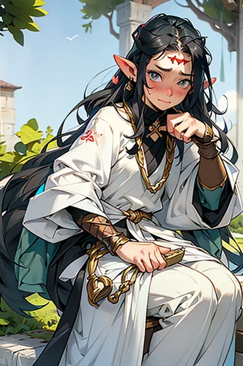 Fairy with pointed ears and semi-long, wavy black hair, who appears to be 26 years old with a fairly mature appearance and in medieval clothing of an adventurer who is sitting and is very embarrassed, surprised and blushing 