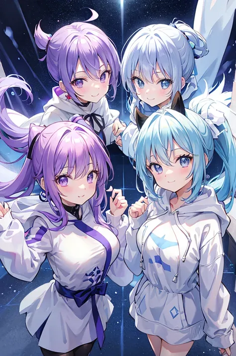 Light blue hair、Purple Eyes、High ponytail、cute、smile、Shaggy hoodie、White Skirt