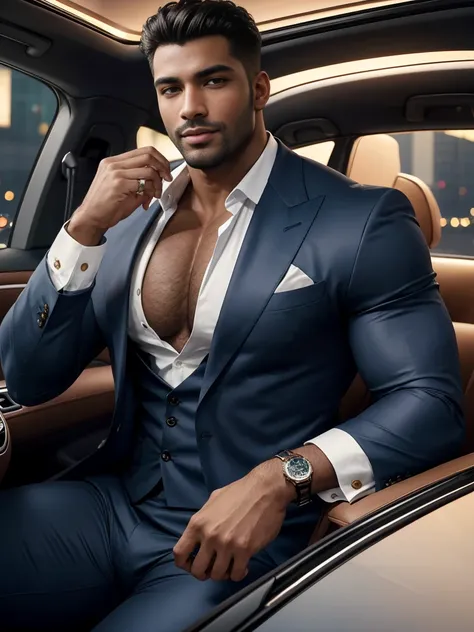 8K，8K resolution，2 Muscular Europeans, handsome man，charming eyes，dark skin,beautiful, smooth and shiny，Full muscles，Thick body hair， (wearing a stylish suit)，big bag highlights，Excellent j8，emphasize，Driving a luxury convertible，The car is full of roses，T...