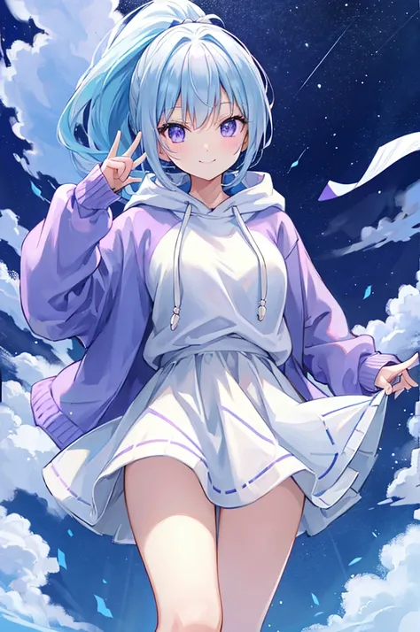 Light blue hair、Purple Eyes、High ponytail、cute、smile、Large hoodie、White Skirt