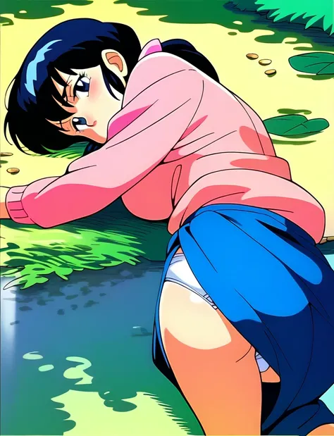 Kyoko,score_9,score_8_superior,score_7_superior,sauce_anime,One girl,alone,View your viewers,soaked,downpour,in the forest,Pink Sweater,White collared shirt,length_skirt,blue skirt,Spread your legs,Dew panties,Lying down,Sad face,:d,arms_behind_return,