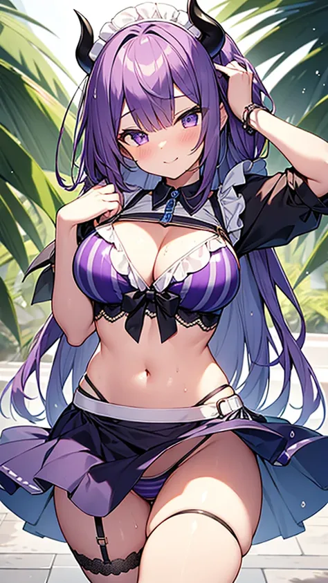 最high quality, high quality, 16K, Ultra-detailed details, pretty girl, alone, beautiful purple hair, Beautiful purple eyes, Big Breasts, A light smile, Summer clothes, Summer Maid clothes, Im lifting my skirt, Blue and white color striped underwear(Bikini ...