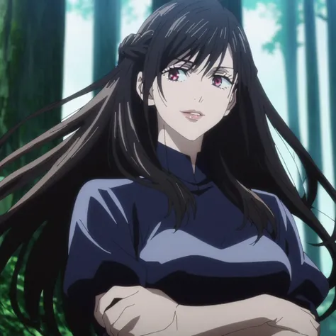 1girl, anime screencap from jujutsu kaisen, solo, very long_hair, ((smooth texture hair)) purple eyes, ((long hair, black hair, french braid, red_eye)), breasts, upper_body, smile, forest background, red_eyes, lips, ((long black hair, elegant hairstyle, fr...