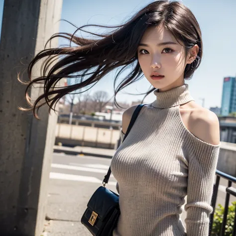 (Colossal tits、Turtleneck knitwear、Shoulder bag)、(top-quality,​masterpiece:1.3,超A high resolution,),(ultra-detailliert,Caustics),(Photorealsitic:1.4,RAW shooting,)Ultra-realistic capture,A highly detailed,high-definition16Kfor human skin、 Skin texture is n...