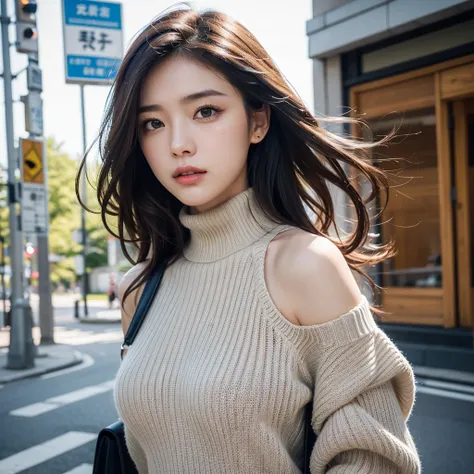 (Colossal tits、Turtleneck knitwear、Shoulder bag)、(top-quality,​masterpiece:1.3,超A high resolution,),(ultra-detailliert,Caustics),(Photorealsitic:1.4,RAW shooting,)Ultra-realistic capture,A highly detailed,high-definition16Kfor human skin、 Skin texture is n...