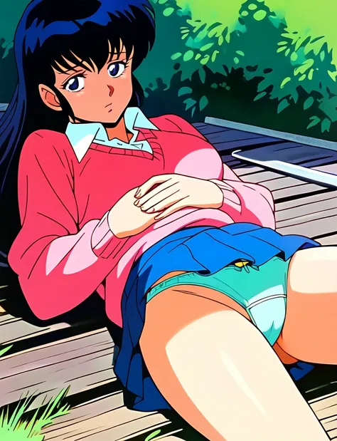 Kyoko,score_9,score_8_superior,score_7_superior,sauce_anime,One girl,alone,View your viewers,soaked,downpour,in the forest,Pink Sweater,White collared shirt,length_skirt,blue skirt,Spread your legs,Dew panties,Lying down,Sad face,:d,arms_behind_return,