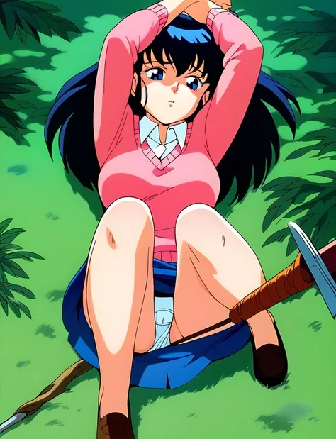 Kyoko,score_9,score_8_superior,score_7_superior,sauce_anime,One girl,alone,View your viewers,soaked,downpour,in the forest,Pink Sweater,White collared shirt,length_skirt,blue skirt,Spread your legs,Dew panties,Lying down,Sad face,:d,arms_behind_return,